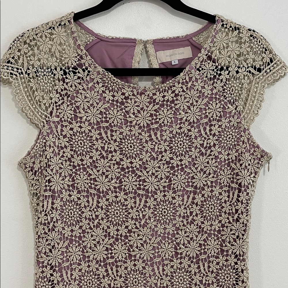 MIGNON DOO Anthropologie Lace Overlay Sheath Dress | Light Purple & Gold, Size 6 - Picture 2 of 13